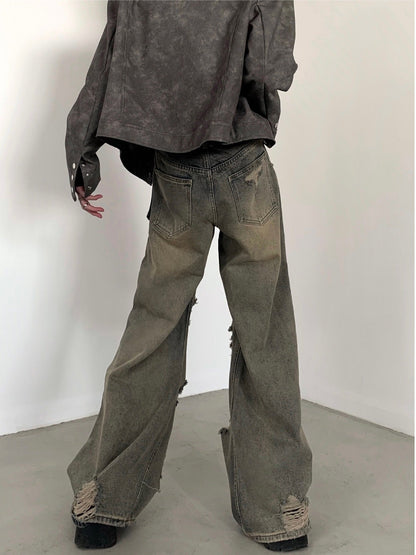 Wasteland old retro washed high street ripped jeans men's spring new wide-leg niche design beggar pants