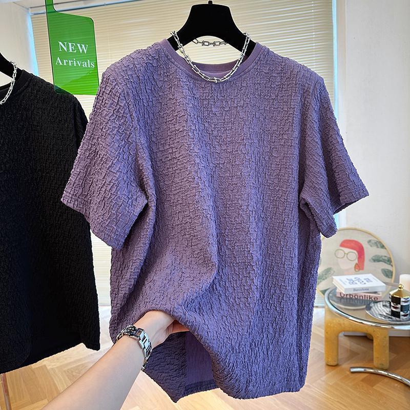 High-grade texture design casual short-sleeved T-shirt for men and women, seersucker lazy summer loose temperament men's top