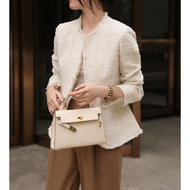 2025 Wool tassel tweed white small fragrant coat texture high sense spring and autumn  spring women's short
