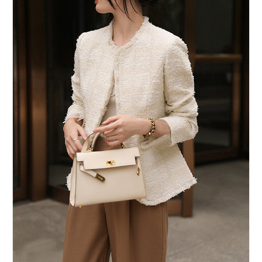 2025 Wool tassel tweed white small fragrant coat texture high sense spring and autumn  spring women's short