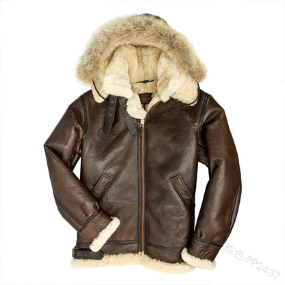 2025 Hot Trade  Winter Men's Fur Collar Casual Hooded Jacket Lapel Fleece Slim Leather Jacket