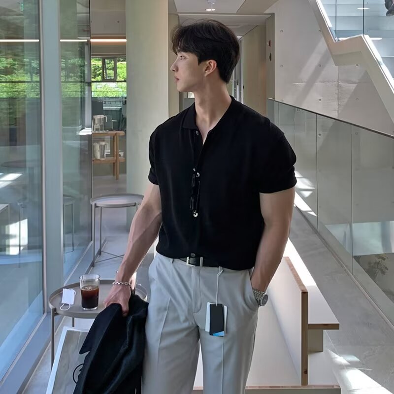 saferido      -shop mens fashion Short-Sleeved Men's Summer New Trendy Men's All-Match Polo Shirt Casual Lapel T-shirt Lazy Style Cardigan Knitted T-shirt Trendy