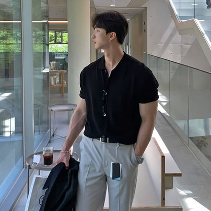 saferido      -shop mens fashion Short-Sleeved Men's Summer New Trendy Men's All-Match Polo Shirt Casual Lapel T-shirt Lazy Style Cardigan Knitted T-shirt Trendy
