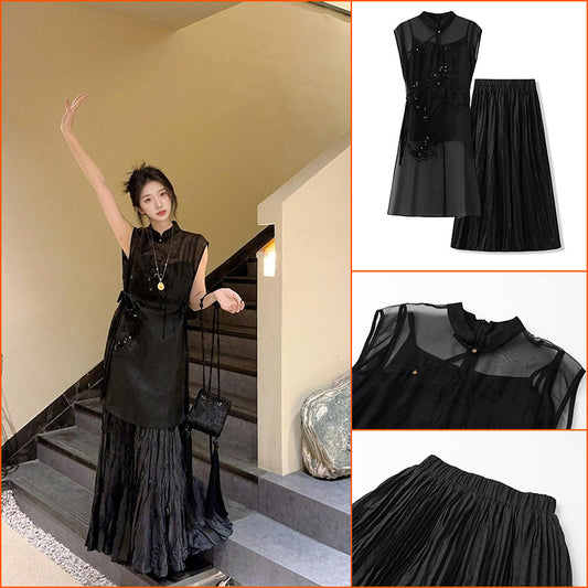 summer new new Chinese style embroidered long top half body yarn long skirt temperament set M4205