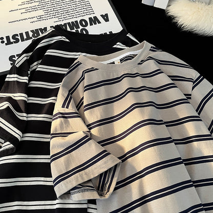saferido      -shop 90s streetwear Japanese Striped Short-Sleeved T-shirt Men's Summer Loose Casual Retro Niche Versatile Cotton round Neck Bottoming T-shirt