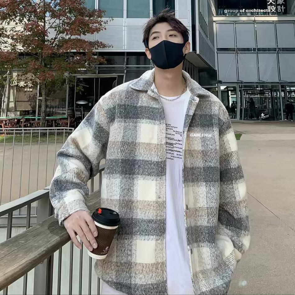saferido mens outfits 2024 Autumn and Winter New American Retro Contrast Color Plaid Cardigan Coat Men's Lazy Casual Loose Woolen Top