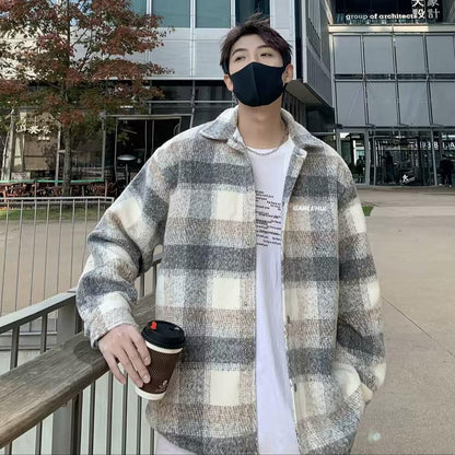 saferido mens outfits 2024 Autumn and Winter New American Retro Contrast Color Plaid Cardigan Coat Men's Lazy Casual Loose Woolen Top
