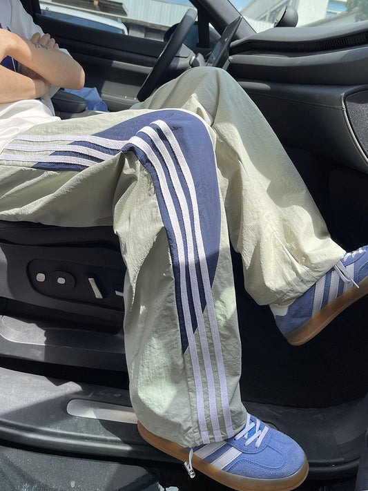 Summer dopamine quick-drying casual pants men's trendy three-bar contrast color loose straight American sports paratrooper pants