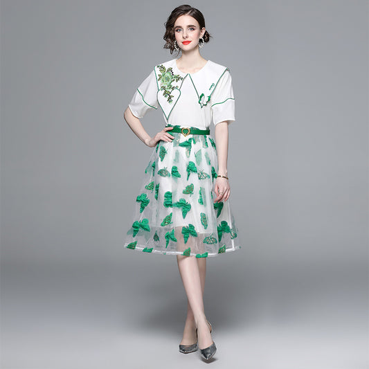 Hot style age-reducing suit skirt women's  summer new design short-sleeved top embroidered butterfly mesh skirt two-piece set