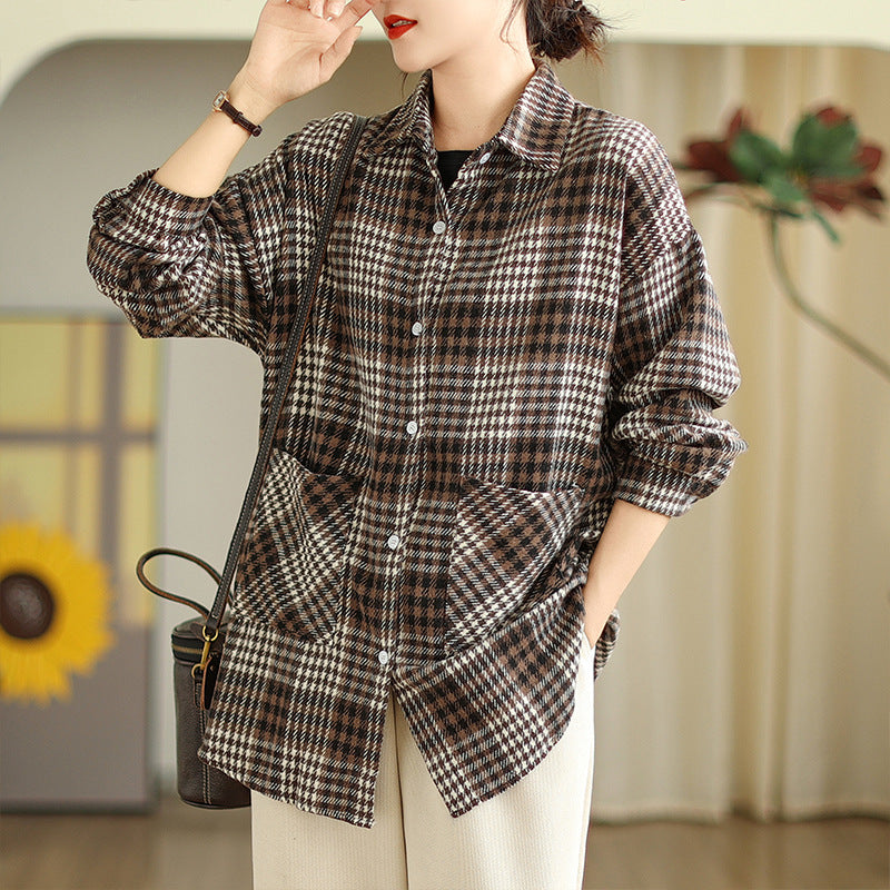 Literary plaid shirt short coat women's  spring new Korean version of fashion temperament versatile plaid shirt top