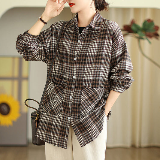 Literary plaid shirt short coat women's  spring new Korean version of fashion temperament versatile plaid shirt top