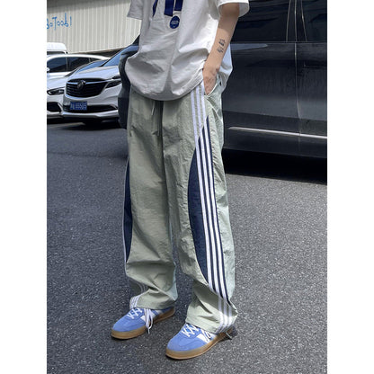 Summer dopamine quick-drying casual pants men's trendy three-bar contrast color loose straight American sports paratrooper pants