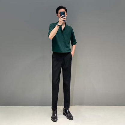 saferido      -shop classy outfits men New Chinese Style Stand Collar Short-Sleeved Shirt Men's Summer New Niche Shirt Trendy Ice Silk Drape All-Match Top