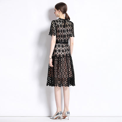 Light and mature style design sense  retro niche sexy hollow lace short-sleeved dress women's summer  new