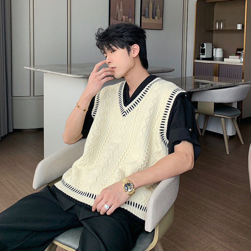 saferido      -shop mens fashion Shanlitadi Autumn and Winter College Style Twist Sweater Men's Casual V-neck Vest Sweater Korean Style Loose Waistcoat Top