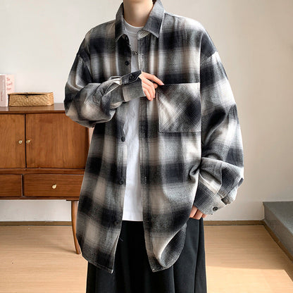 saferido      -shop black men fashion urban Spring and Autumn Flannel Cotton Plaid Long-Sleeved Shirt Men's Japanese Wear Loose plus Size All-Match Top Coat
