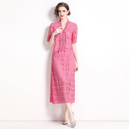 Live stream with goods Internet celebrity Popular style lace retro skirt set fashion buckle short sleeve top long skirt two-piece set
