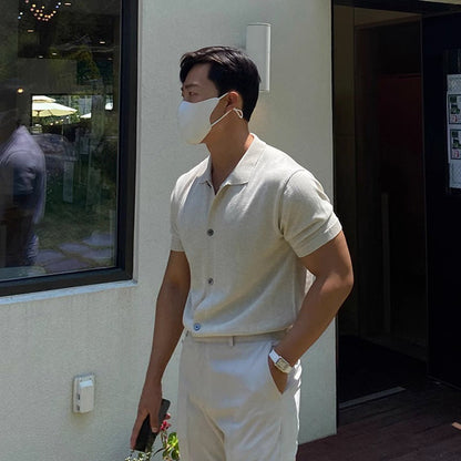 saferido      -shop old money outfits men Ice Silk Knitted Short-Sleeved Men's Summer Ruffle Handsome Lapel T-shirt New Men's Summer Top Polo Shirt