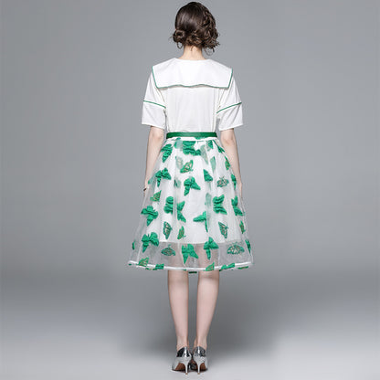 Hot style age-reducing suit skirt women's  summer new design short-sleeved top embroidered butterfly mesh skirt two-piece set