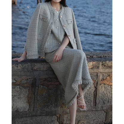2025 Heavy industry weaving, wool small fragrant style suit, high-end coat, skirt, long skirt  spring and autumn new women's clothing