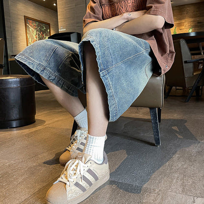 saferido 90s streetwear American Retro Workwear Denim Shorts Men's Summer Versatile High Street Vibe Loose Washed Wide-Leg Shorts
