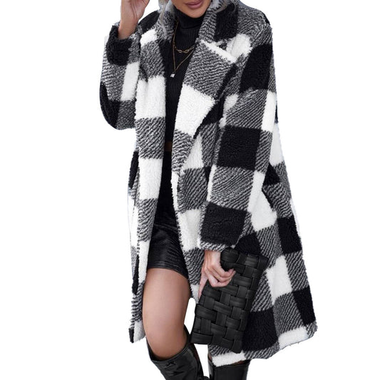 new  New autumn women's clothing lapel long-sleeved buckle-free plaid long loose casual coat coat