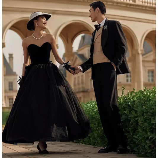 Studio photo wedding dress retro Hepburn style  tube top black dress couple location forest department photo travel photo