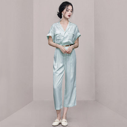Summer women's  new light blue tooling wind cotton and linen jumpsuit jumpsuit wide-leg pants nine-point pants