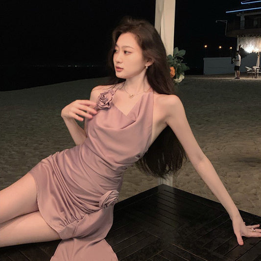 2025 sexy pure desire style high sense Spice girl neck satin dress seaside vacation backless irregular short skirt