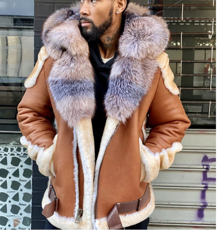 2025 New wish brown flower hair big fur collar plush thickened men's leather jacket 6560