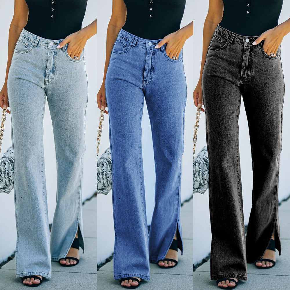 2025 autumn new  washed solid color split end Internet celebrities strictly selected mid-waist temperament denim trousers casual pants