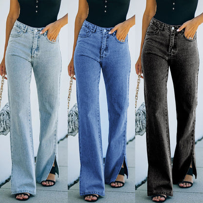 2025 autumn new  washed solid color split end Internet celebrities strictly selected mid-waist temperament denim trousers casual pants