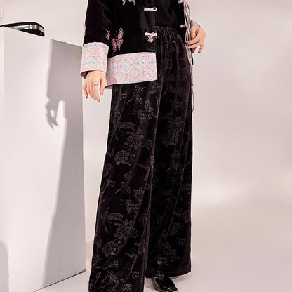 Guofeng new temperament loose wide-leg pants jacquard embroidery casual design straight-leg pants new Chinese trousers M9199