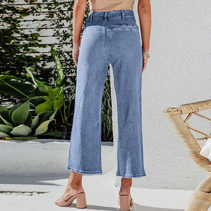 2025 retro loose straight-breasted single-breasted high-waisted wide-leg pants women's jeans nine-point pants wholesale