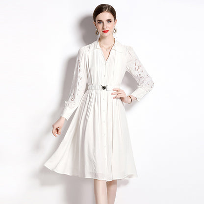 White shirt dress women's long-sleeved design sense niche  hollow embroidery waist holiday style shirt skirt