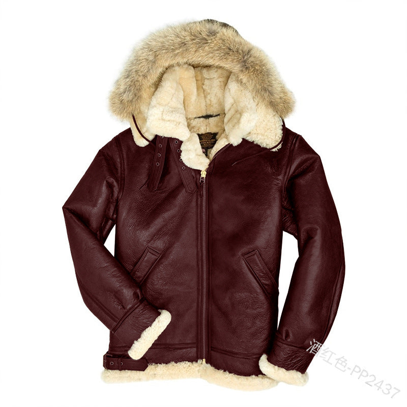 2025 Hot Trade  Winter Men's Fur Collar Casual Hooded Jacket Lapel Fleece Slim Leather Jacket