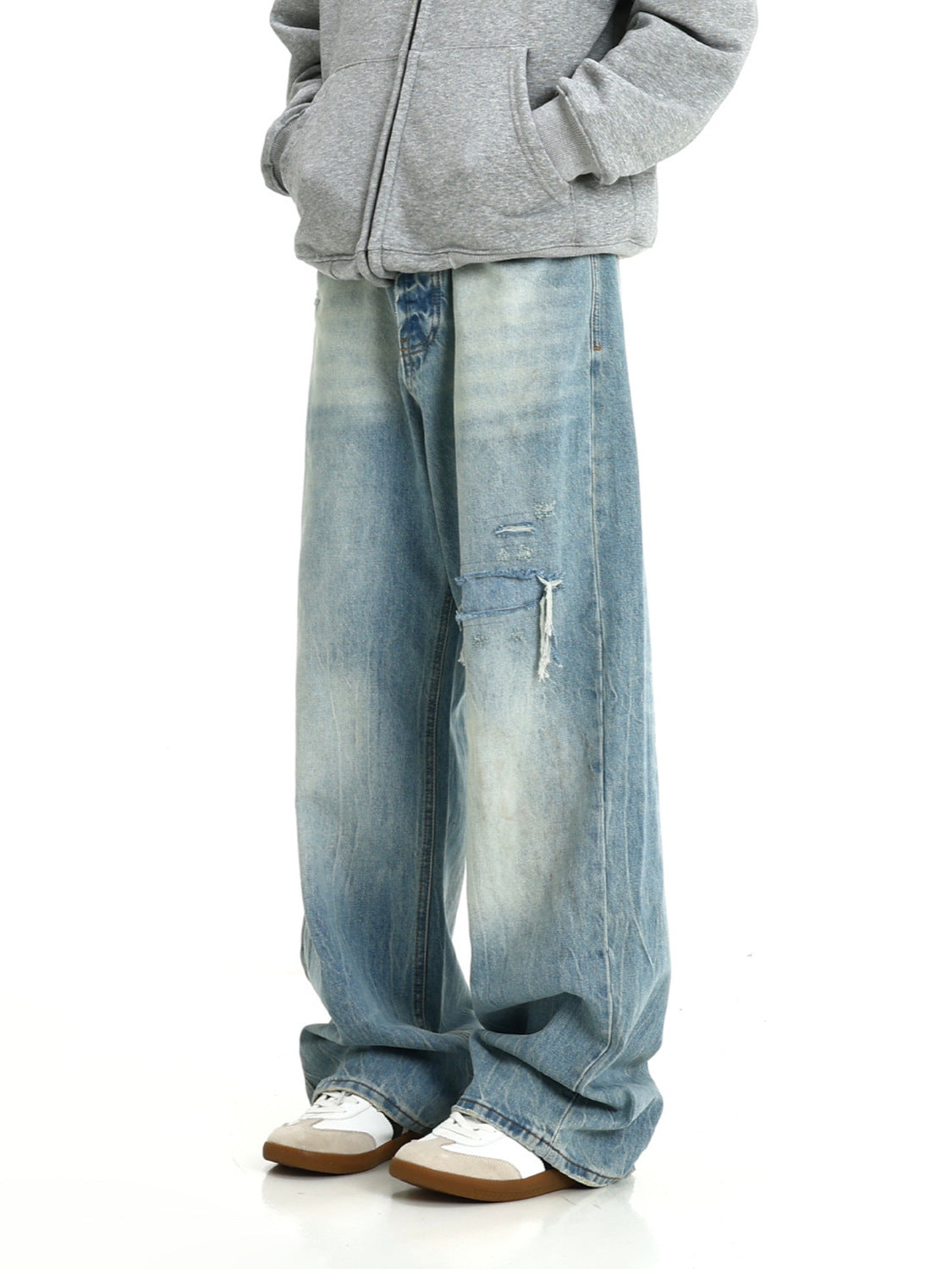 American retro ice blue straight jeans summer new vintage washed worn loose pants