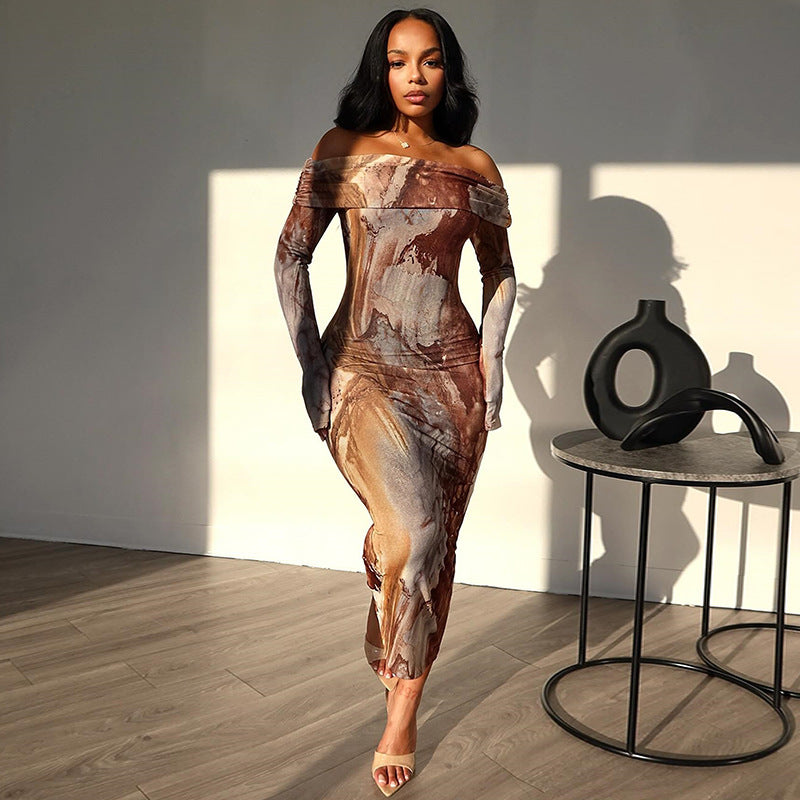 Popular trade 2025 women's clothing independent station popular autumn and winter retro style printing sexy one-word shoulder long-sleeved dress