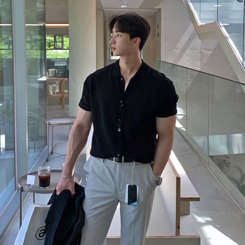 saferido      -shop mens fashion Short-Sleeved Men's Summer New Trendy Men's All-Match Polo Shirt Casual Lapel T-shirt Lazy Style Cardigan Knitted T-shirt Trendy
