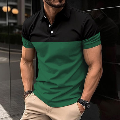 new  men's casual POLO shirts fashionable V-neck buttons business color matching all-match T-shirt tops