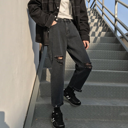 saferido 90s fashion men 2024 Black Ripped Jeans Men's Summer Thin Korean Style Trendy Cropped Pants Hong Kong Style Ruffle Handsome Retro Pants