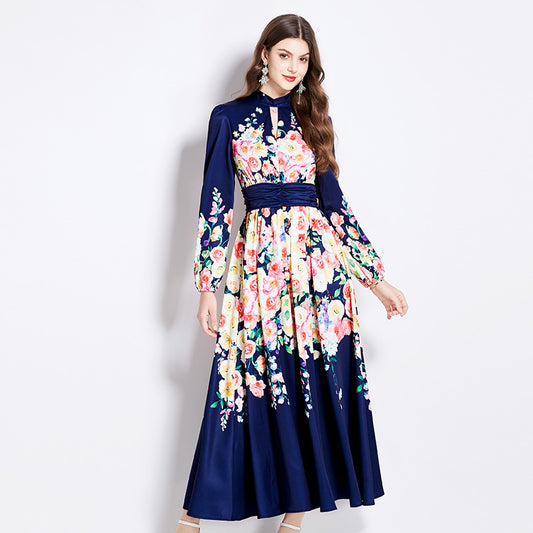 Hot trade export women's clothing popular retro court style long dress temperament V-neck waist thin dress women
