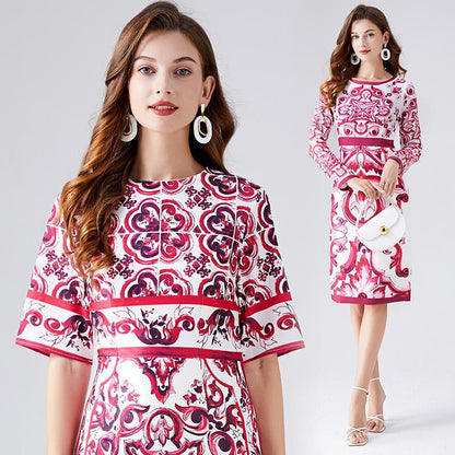 Summer 2025 retro court style temperament short-sleeved round neck waist thin medium and long celadon printed hip-wrapped dress
