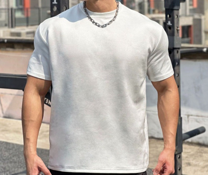 Fitness short-sleeved men's sports round neck T-shirt American summer solid color slim fit all-match trendy brand heavy casual training clothes