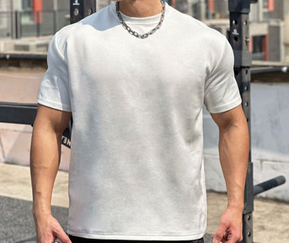 Fitness short-sleeved men's sports round neck T-shirt American summer solid color slim fit all-match trendy brand heavy casual training clothes
