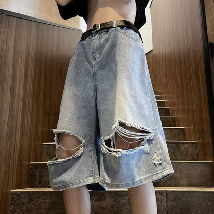 saferido skater boy outfits Summer Fashion Brand Thin Knee Ripped Jeans Men's American-Style Loose Straight Wide-Leg Pants Trendy Shorts