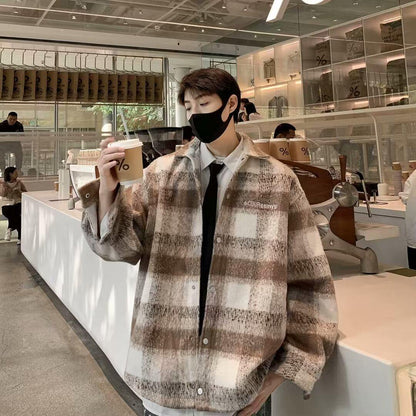 saferido mens outfits 2024 Autumn and Winter New American Retro Contrast Color Plaid Cardigan Coat Men's Lazy Casual Loose Woolen Top