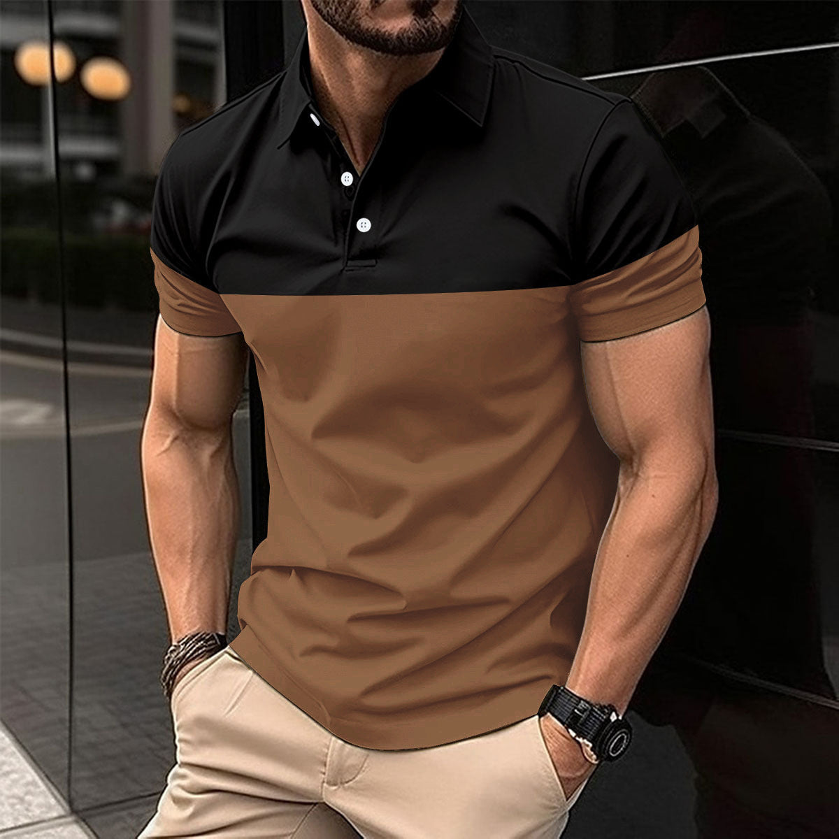 new  men's casual POLO shirts fashionable V-neck buttons business color matching all-match T-shirt tops