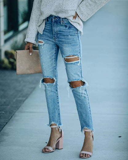 2025 Spot  New  women's jeans straight pants washed ripped rough edge casual trousers jeans women