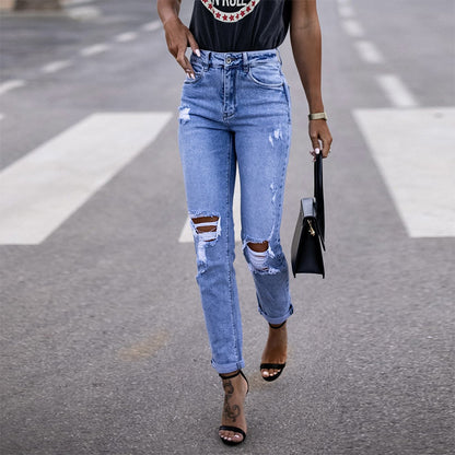 2025 spring  factory spot  elastic ripped women's clothing straight tight hip lift fashion jeans